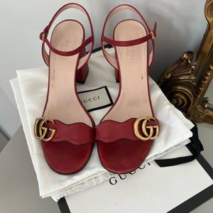 Gucci Red Leather GG Logo Block Heel Sandals